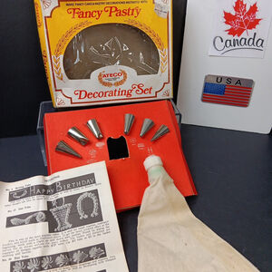 Ateco Pastry Decorating Set 334 c w/ Bag & 6 Metal Icing Tips Tubes Nozzles Vtg